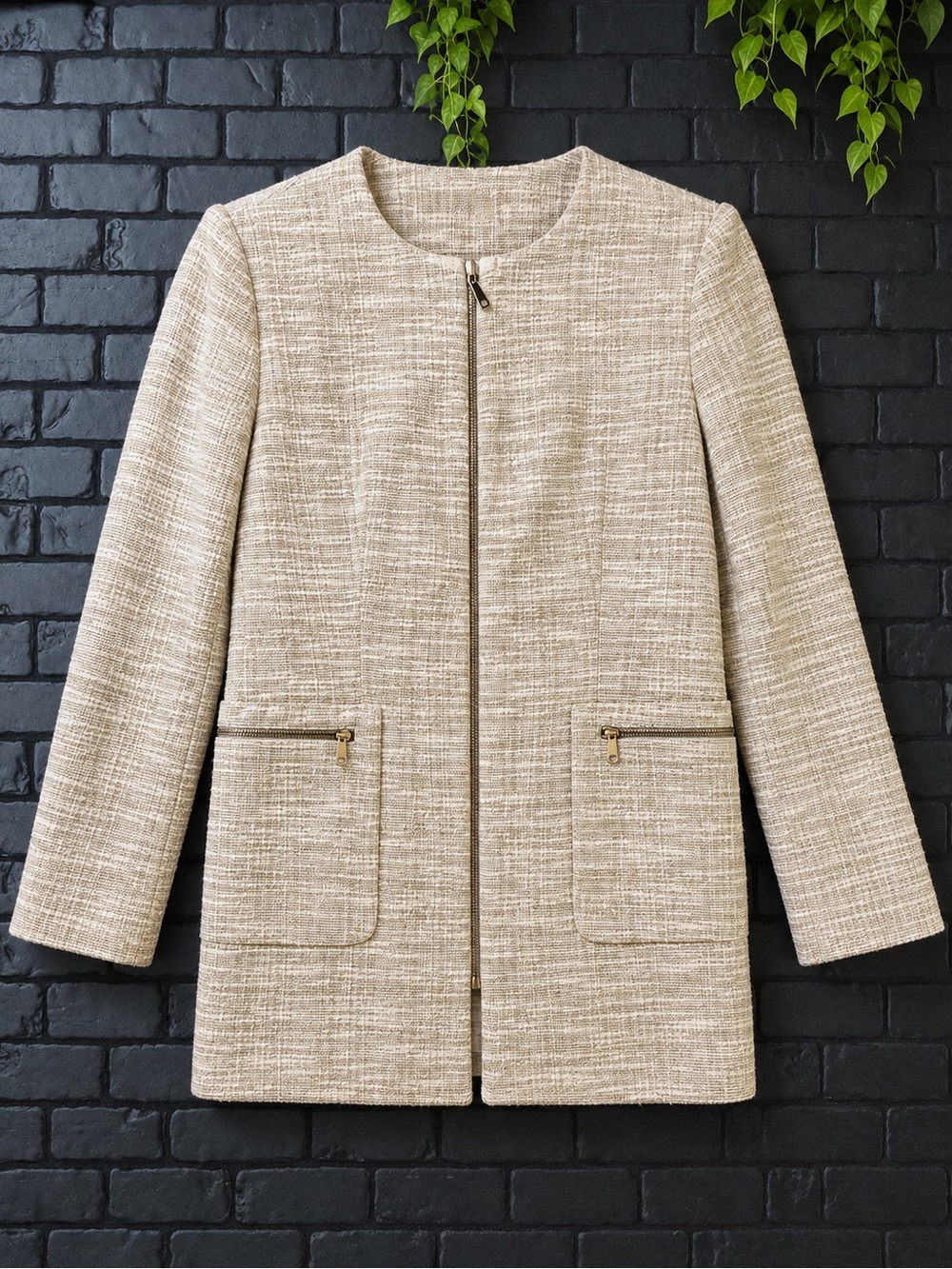 Zara Neutral Textured Longline Zip Jacket Size L